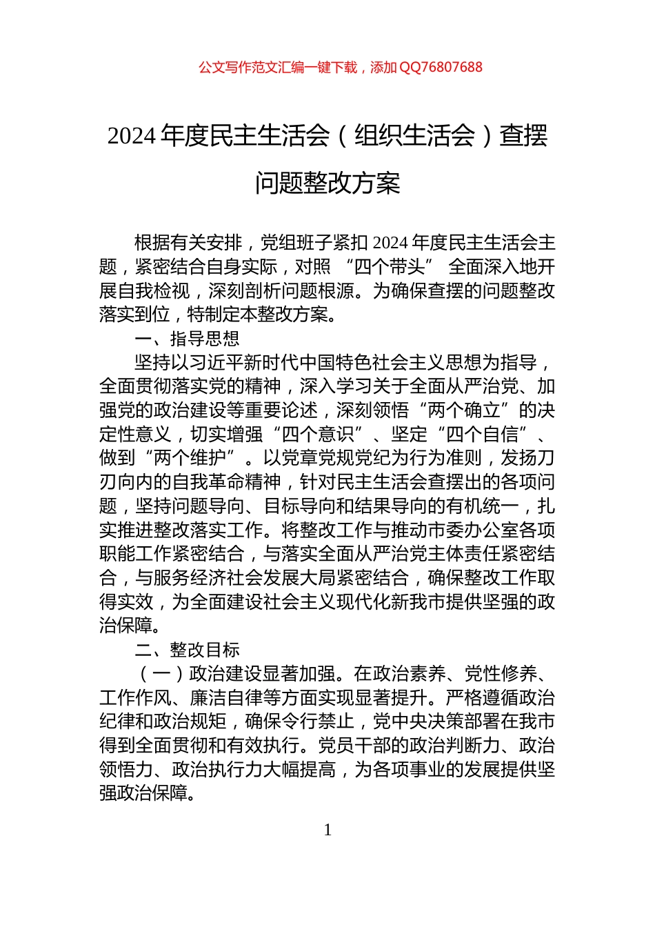2024年度民主生活会（组织生活会）查摆问题整改方案_第1页