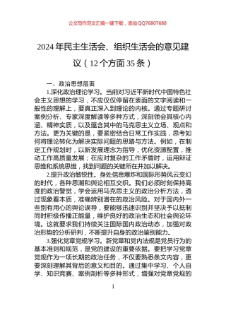 2024年民主生活会、组织生活会的意见建议（12个方面35条）