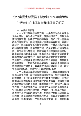 办公室党支部党员干部参加2024年度组织生活会时的批评与自我批评意见汇总