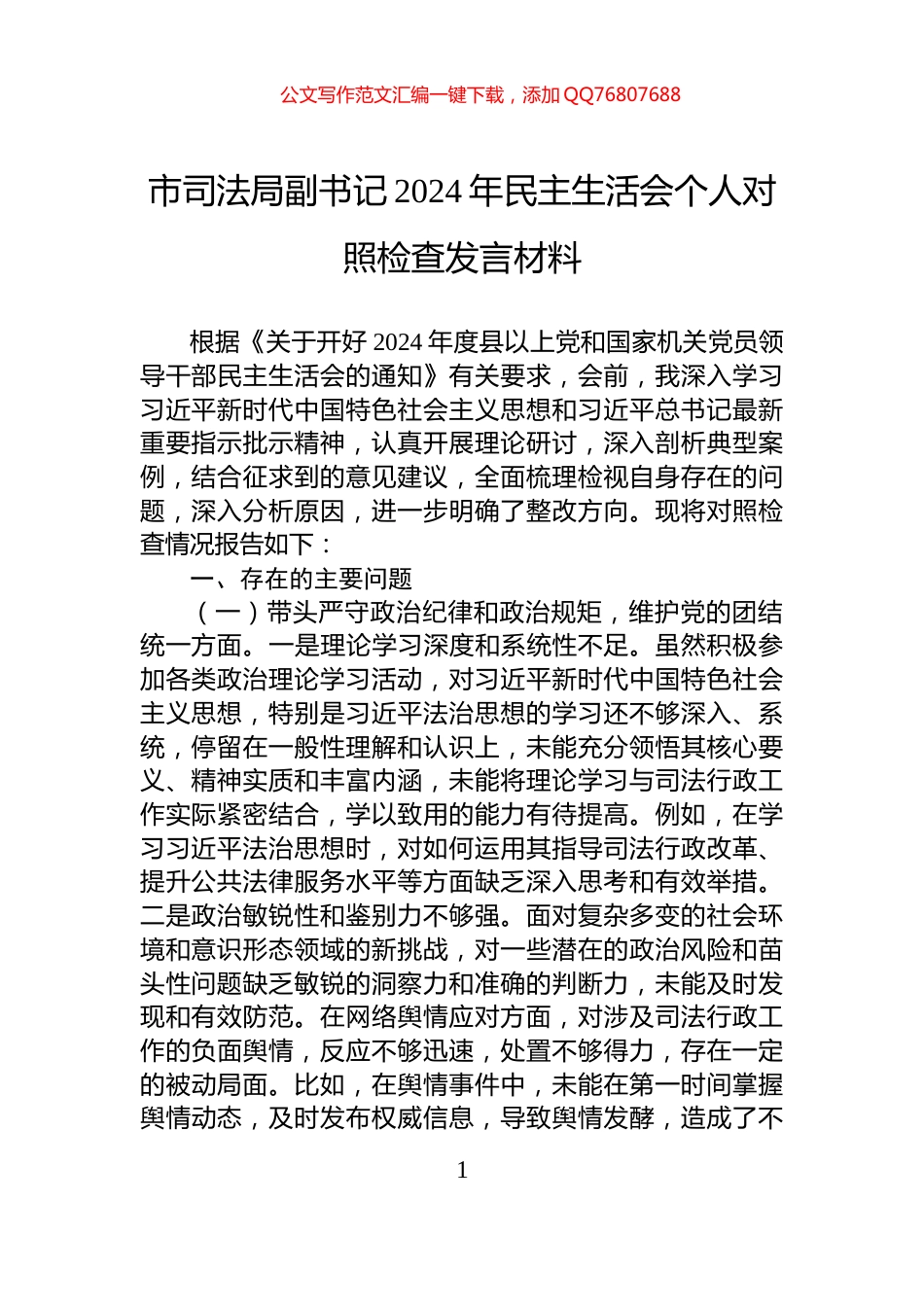 市司法局副书记2024年民主生活会个人对照检查发言材料_第1页
