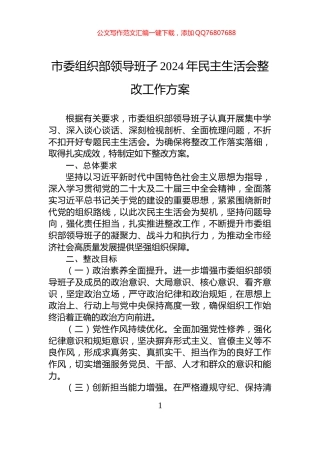市委组织部领导班子2024年民主生活会整改工作方案