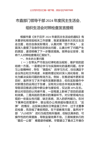 市直部门领导干部2024年度民主生活会、组织生活会对照检查发言提纲