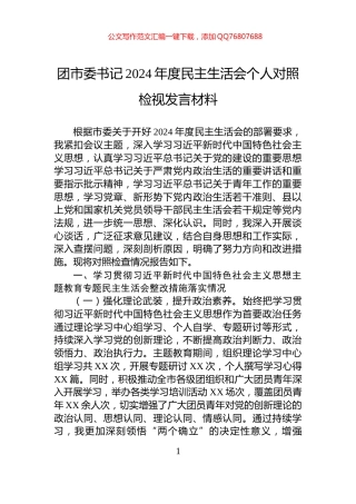 团市委书记2024年度民主生活会个人对照检视发言材料