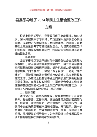 县委领导班子2024年民主生活会整改工作方案