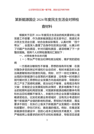 某新能源国企2024年度民主生活会对照检查材料