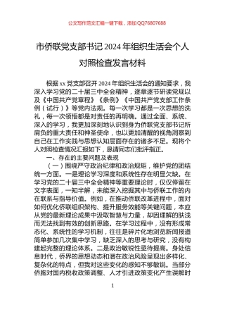 市侨联党支部书记2024年组织生活会个人对照检查发言材料