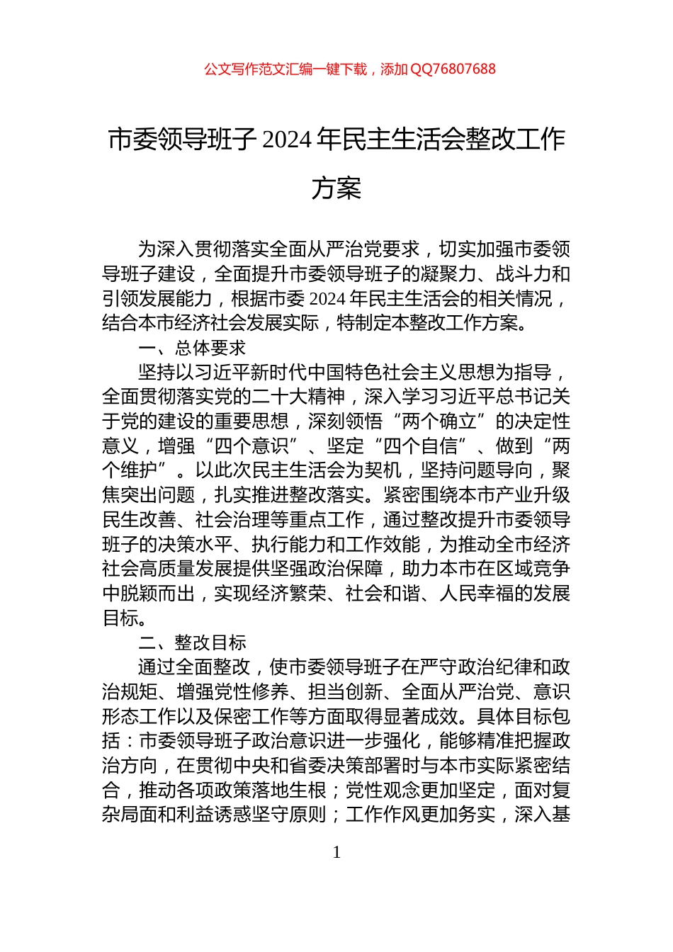市委领导班子2024年民主生活会整改工作方案_第1页