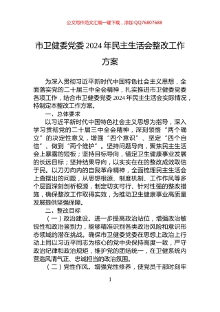 市卫健委党委2024年民主生活会整改工作方案