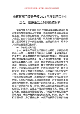 市直某部门领导干部2024年度专题民主生活会、组织生活会对照检查材料