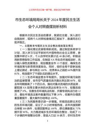 市生态环境局局长关于2024年度民主生活会个人对照查摆剖析材料