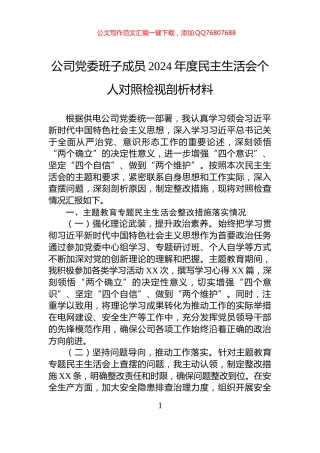 公司党委班子成员2024年度民主生活会个人对照检视剖析材料