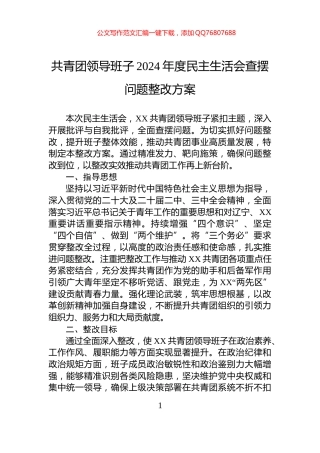 共青团领导班子2024年度民主生活会查摆问题整改方案