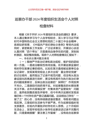 巡察办干部2024年度组织生活会个人对照检查材料