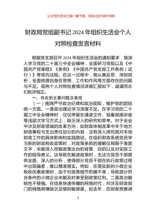 财政局党组副书记2024年组织生活会个人对照检查发言材料