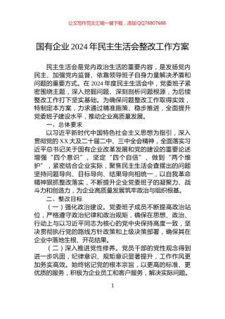 国有企业2024年民主生活会整改工作方案