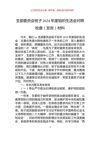 支部委员会班子2024年度组织生活会对照检查（发言）材料