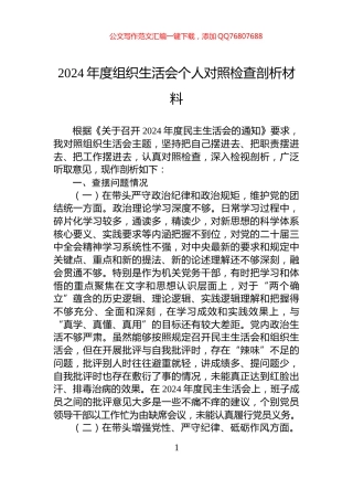 2024年度组织生活会个人对照检查剖析材料