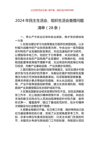 2024年民主生活会、组织生活会查摆问题清单（28条）