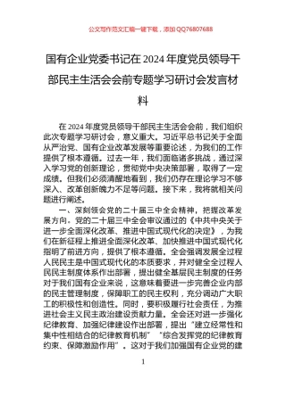 国有企业党委书记在2024年度党员领导干部民主生活会会前专题学习研讨会发言材料