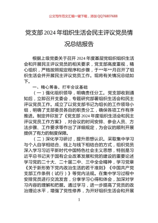 党支部2024年组织生活会民主评议党员情况总结报告
