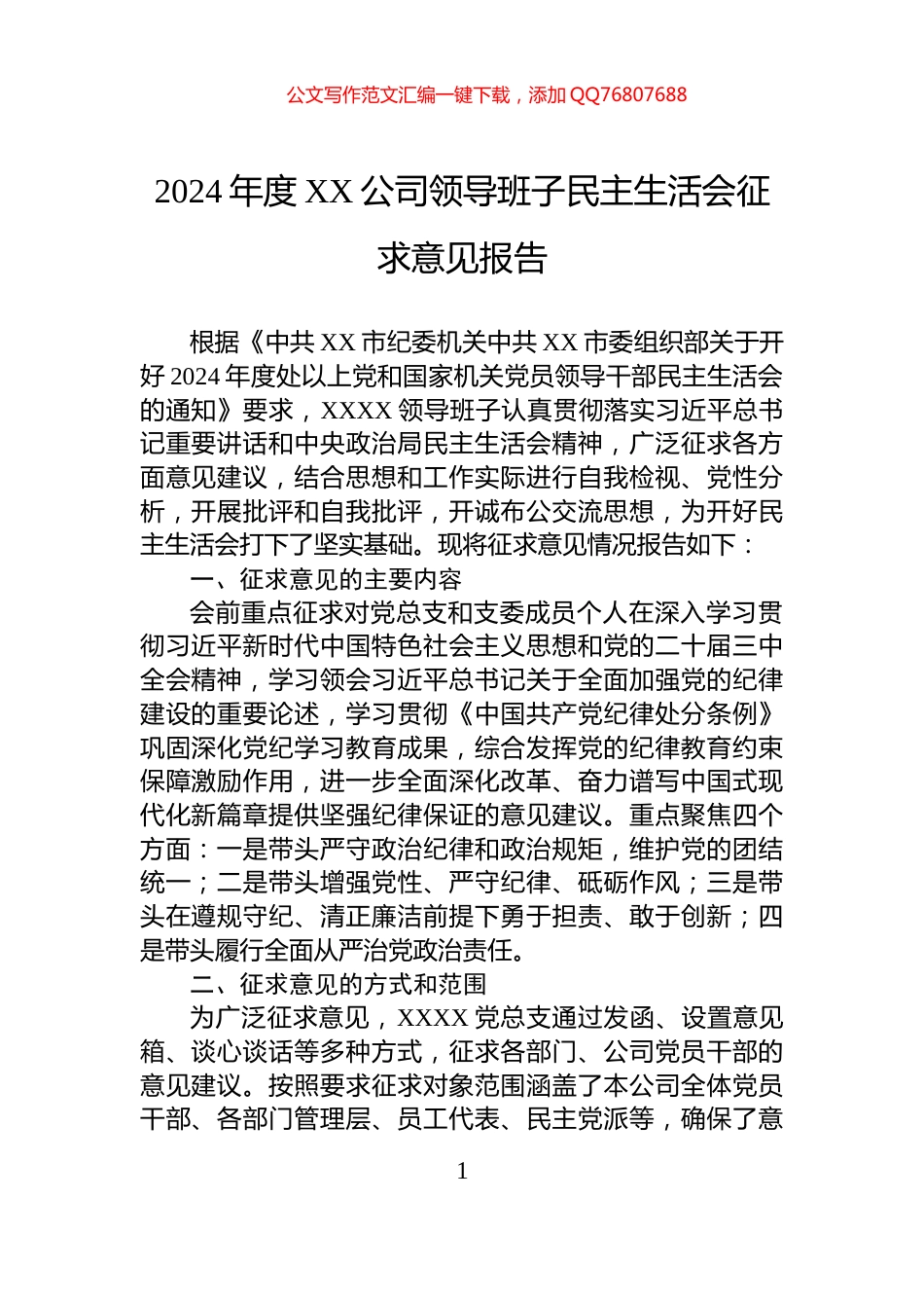 2024年度XX公司领导班子民主生活会征求意见报告_第1页