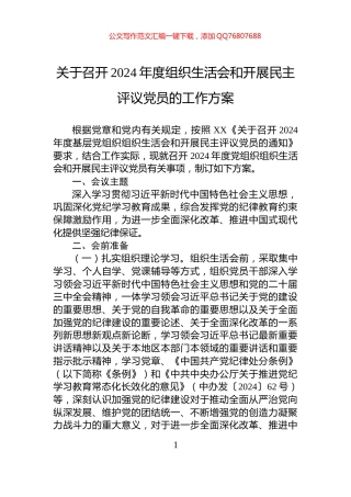 关于召开2024年度组织生活会和开展民主评议党员的工作方案