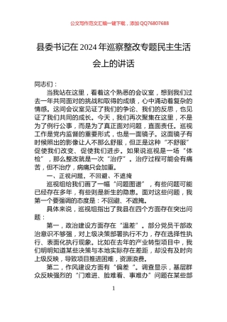 县委书记在2024年巡察整改专题民主生活会上的讲话