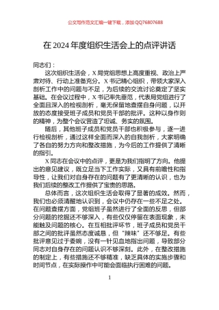 在2024年度组织生活会上的点评讲话