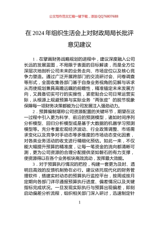 在2024年组织生活会上对财政局局长批评意见建议