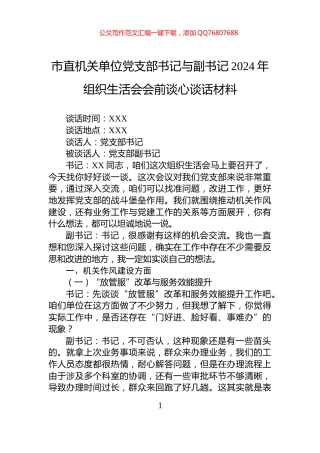 市直机关单位党支部书记与副书记2024年组织生活会会前谈心谈话材料