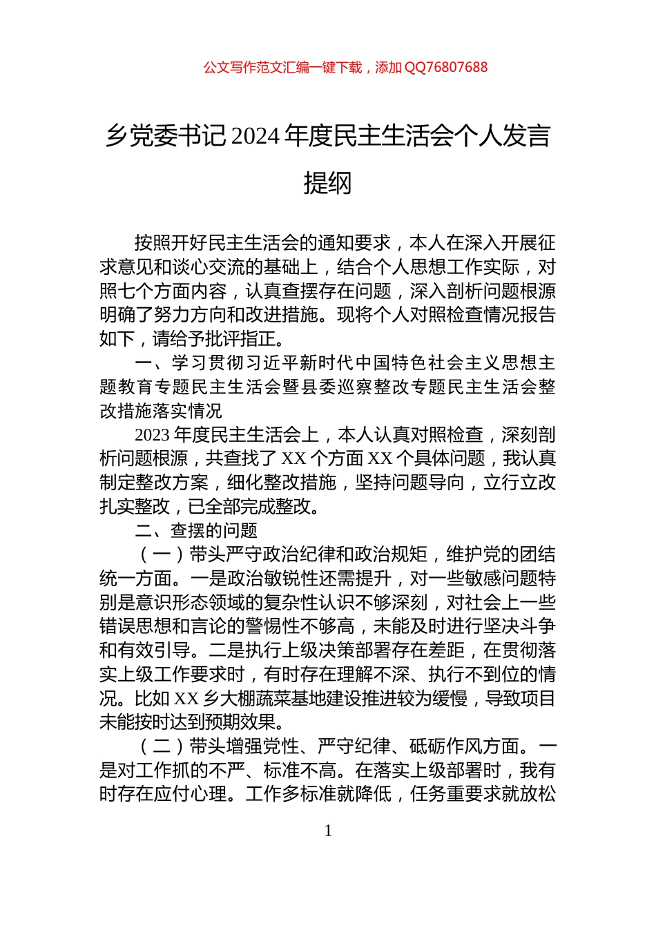乡党委书记2024年度民主生活会个人发言提纲_第1页