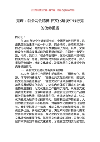 党课：领会两会精神+在文化建设中践行党的使命担当
