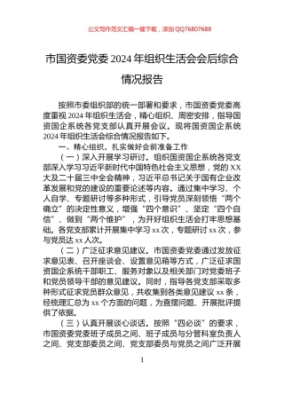 市国资委党委2024年组织生活会会后综合情况报告