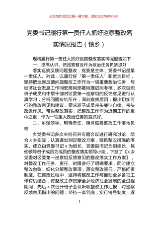 党委书记履行第一责任人抓好巡察整改落实情况报告（镇乡）