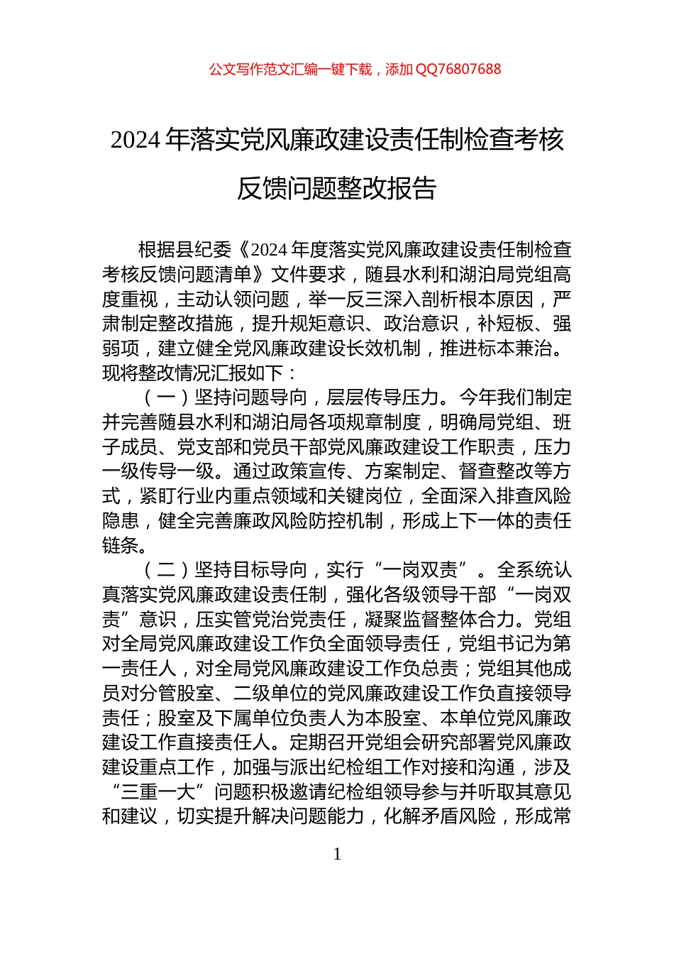 2024年落实党风廉政建设责任制检查考核+反馈问题整改报告_第1页
