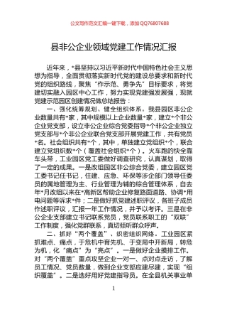 县非公企业领域党建工作情况汇报