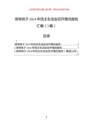 领导班子2024年民主生活会召开情况报告汇编（3篇）