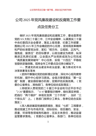 公司2025年党风廉政建设和反腐败工作要点及任务分工