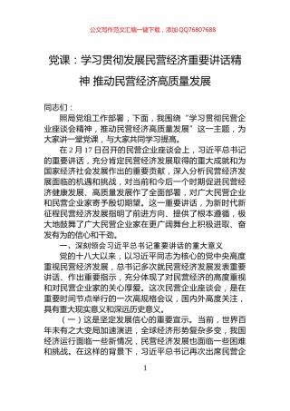 党课：学习贯彻发展民营经济重要讲话精神+推动民营经济高质量发展