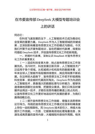 在市委宣传部DeepSeek大模型专题培训会上的讲话
