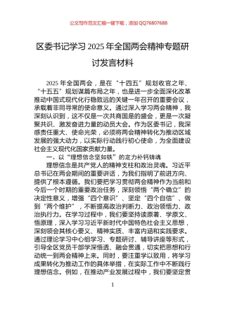 区委书记学习2025年全国两会精神专题研讨发言材料