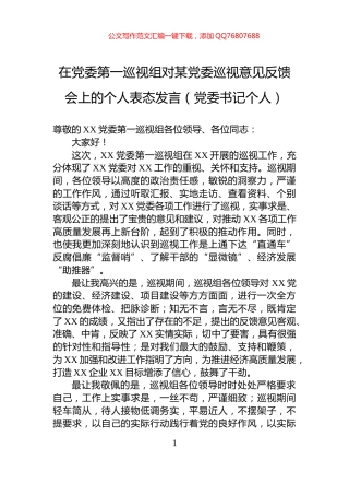 在党委第一巡视组对某党委巡视意见反馈会上的个人表态发言（党委书记个人）