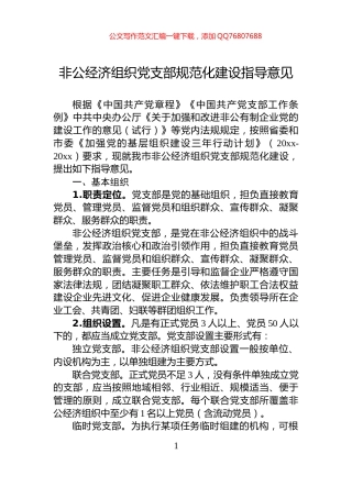 非公经济组织党支部规范化建设指导意见