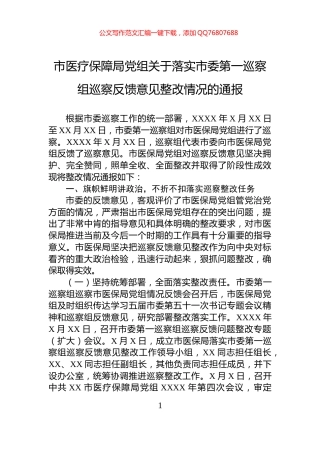 市医疗保障局党组关于落实市委第一巡察组巡察反馈意见整改情况的通报