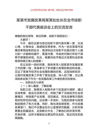 某某市发展改革局某某处处长在全市挂职干部代表座谈会上的交流发言
