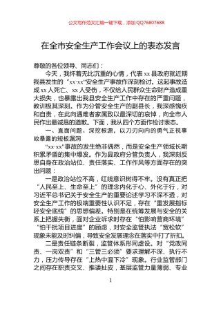 在全市安全生产工作会议上的表态发言