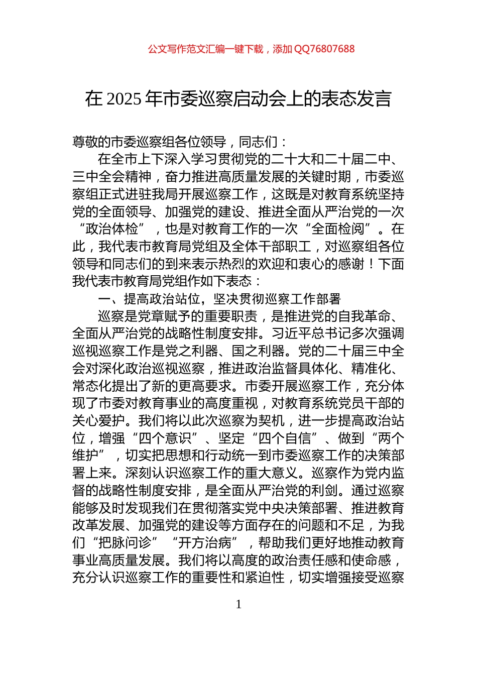 在2025年市委巡察启动会上的表态发言_第1页