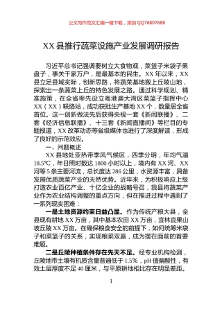 XX县推行蔬菜设施产业发展调研报告