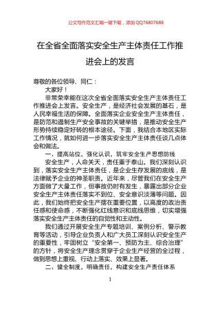 在全省全面落实安全生产主体责任工作推进会上的发言