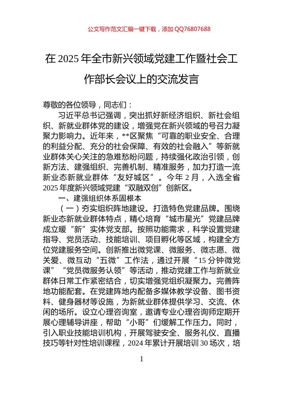 在2025年全市新兴领域党建工作暨社会工作部长会议上的交流发言_第1页